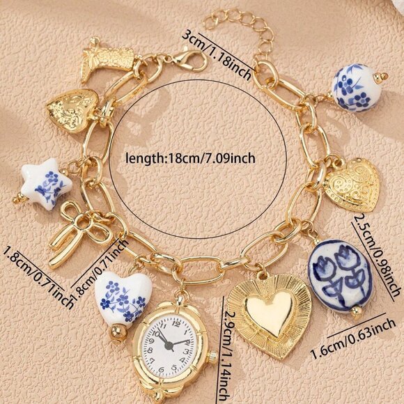 Multicolor Boho Women's Charm Bracelet With Faux Clock Heart Locket Bow - Picture 3 of 4